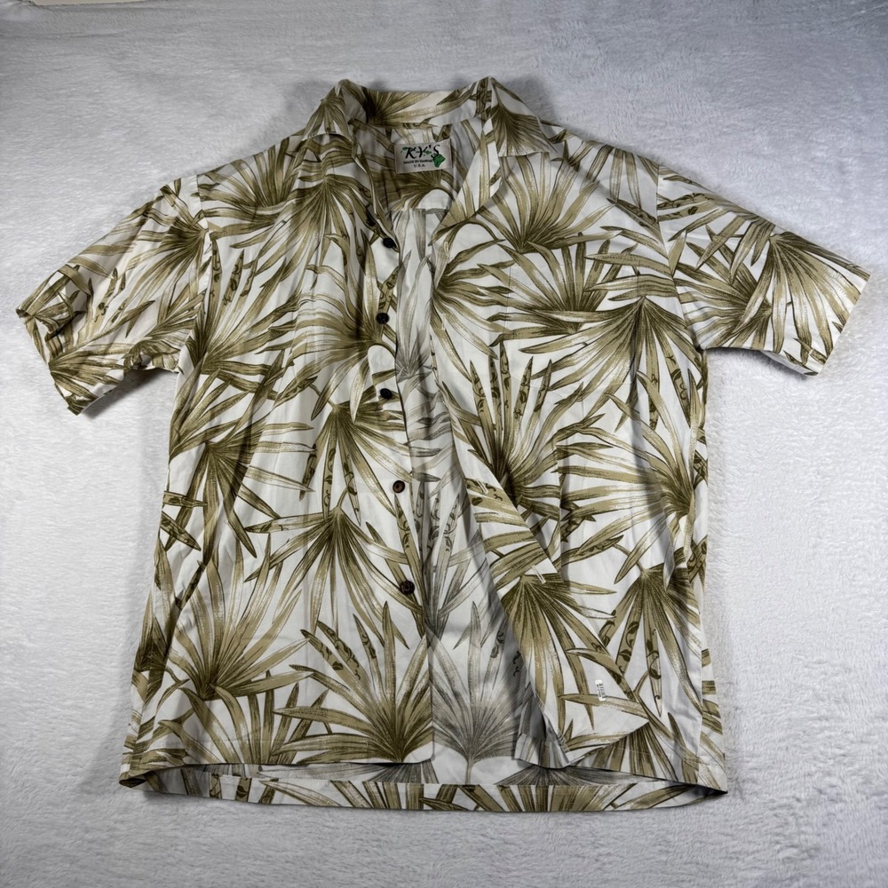 KY'S‎ Hawaiian Shirt Mens Medium Olive Cream Palm Leaf Tree Aloha Made in Hawaii